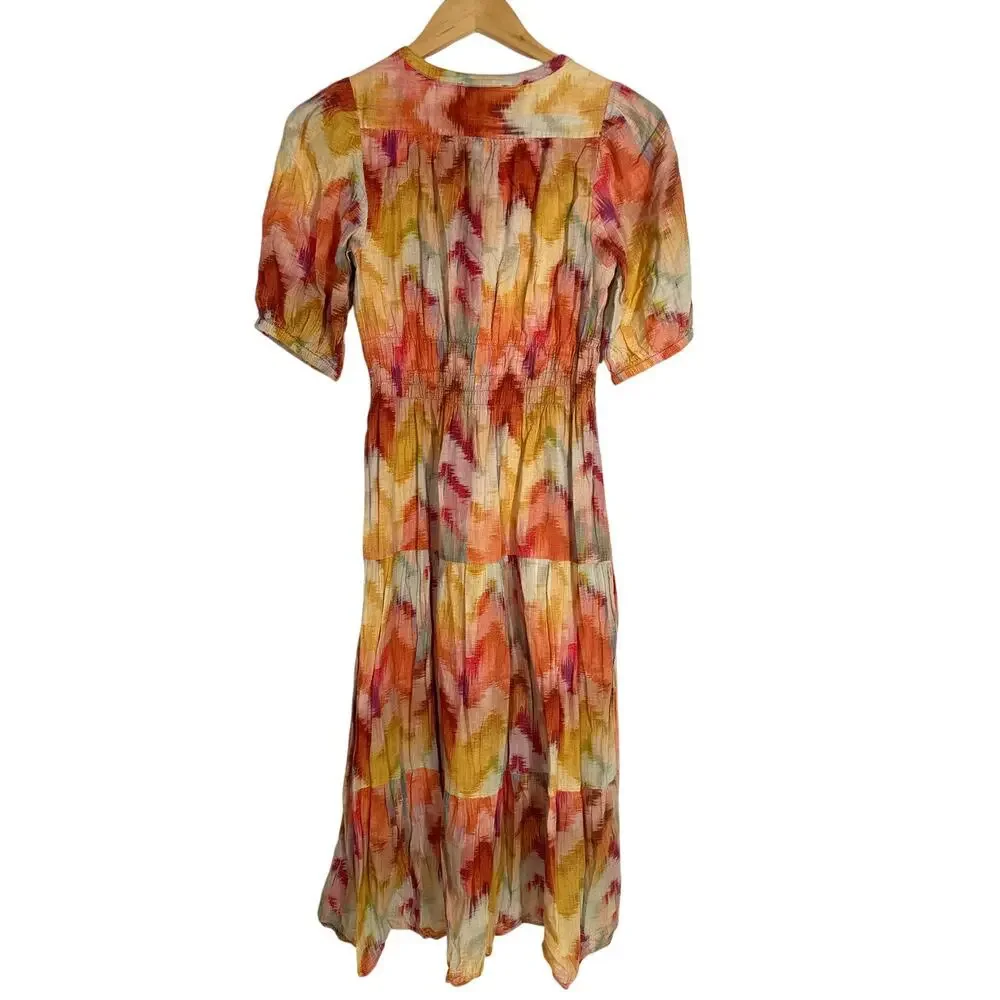 ba&sh Anissa Dress Short Sleeve Tiered Midi A-Line Orange Chevron Tie Dye XS